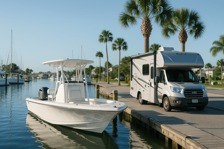 RV and boat docked at marina