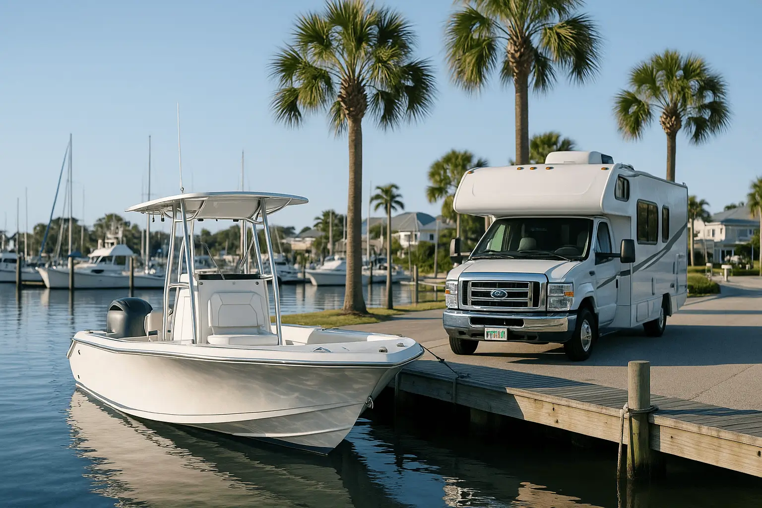 White RV beside docked boat at marina